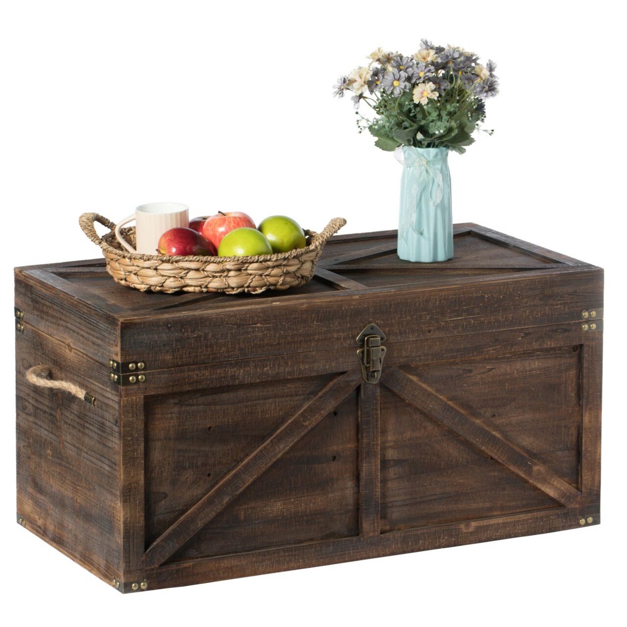 Brown Large Wooden Lockable Trunk Rustic Farmhouse Style Storage Chest 31.5"